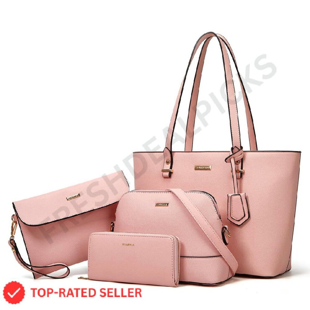 Synthetic Leather Tote Satchel Set 4pc Adjustable Strap Elegant Chic